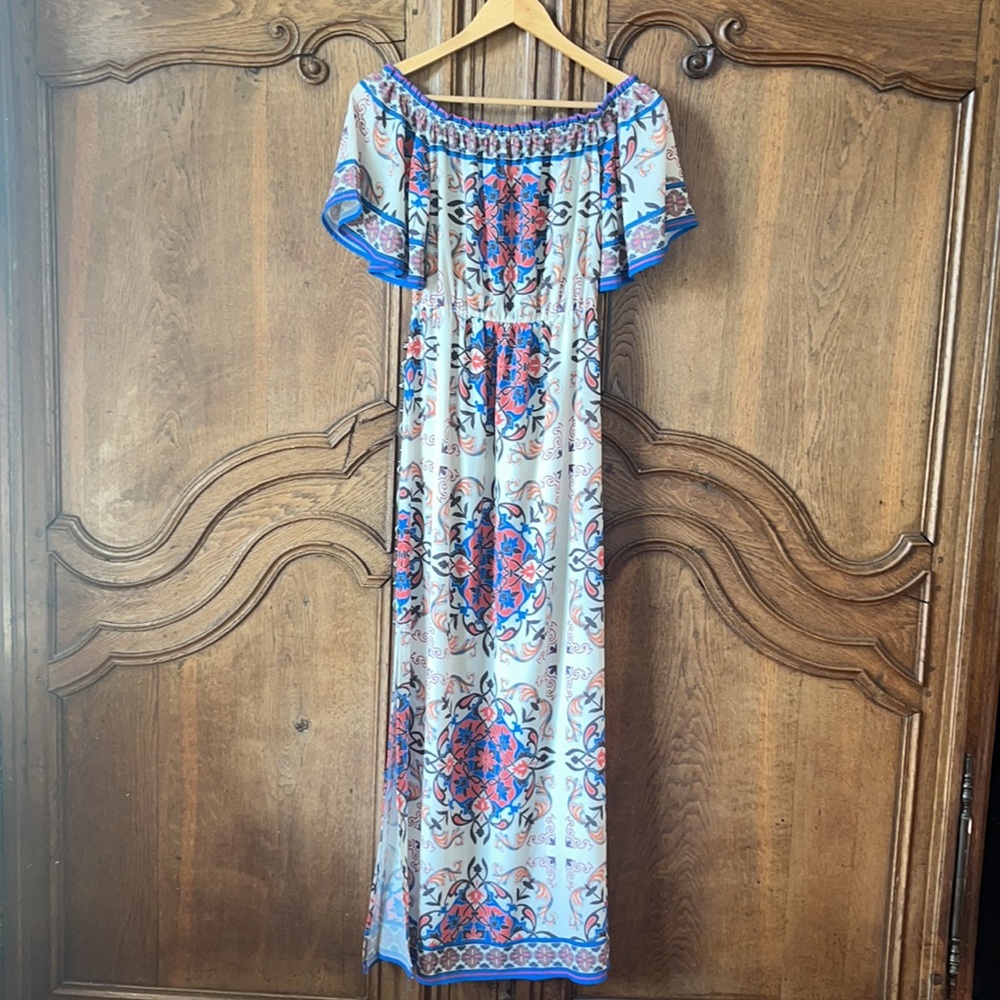 Flying Tomato bohemian short sleeve off the shoulder ruffle maxi dress - Picture 12 of 16